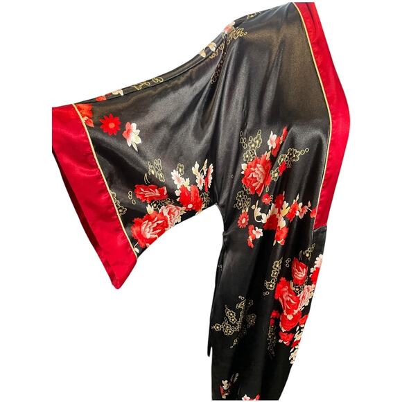 Jones New York Floral Satin Kimono Robe Black Red L/XL Belted Long Sleeve Silky - Picture 11 of 16
